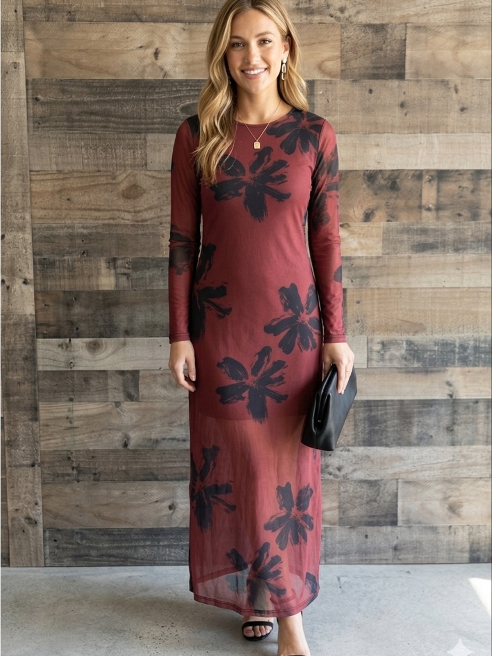 Long Sleeve Burgundy Maxi Dress with Black Floral Print